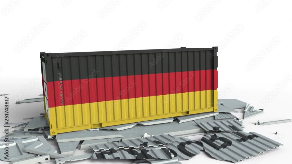 Poster container with export text being crashed with container with flag of germany, conceptual 3d animatio