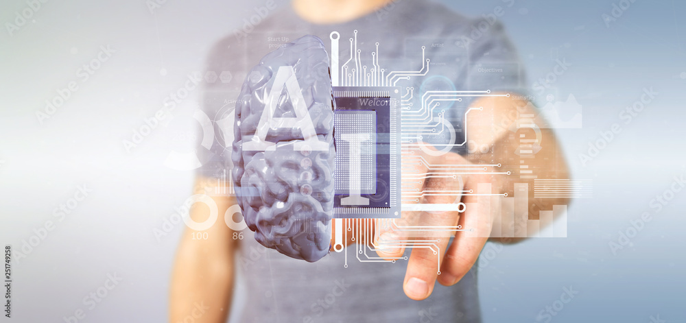 Poster business man holding artificial intelligence icon with half brain and half circuit 3d rendering