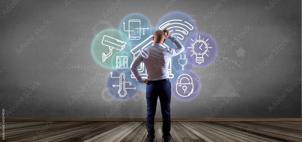 Poster businessman in front of a wall with smart home interface with icon, stats and data 3d rendering