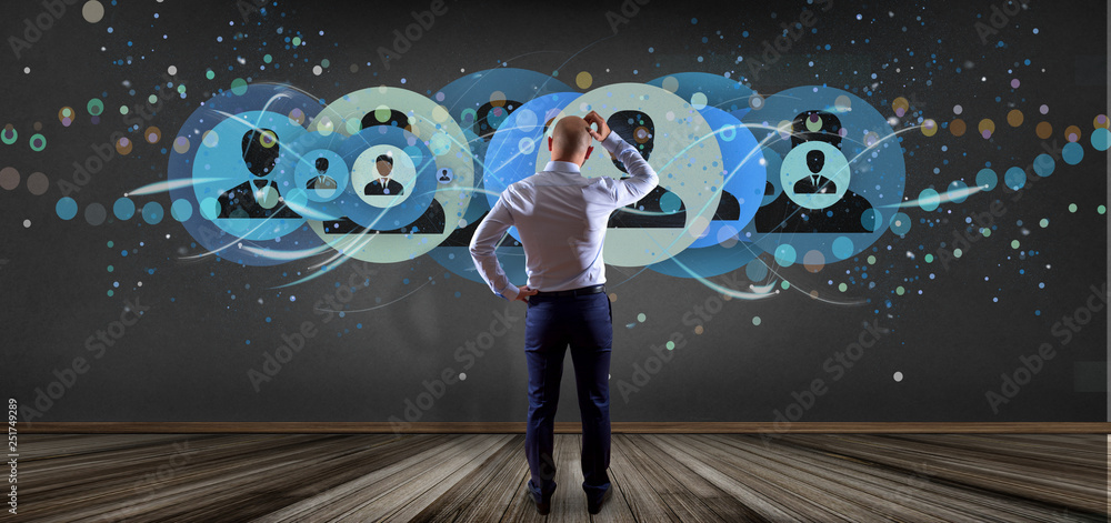 Poster man holding a professional contact network concept 3d rendering