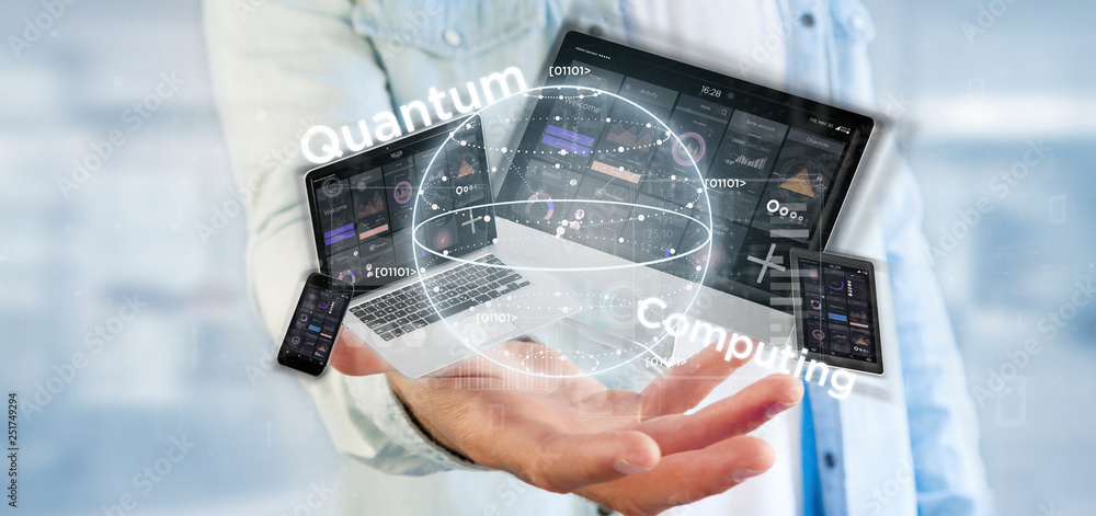 Poster businessman holding quantum computing concept with qubit and devices 3d rendering