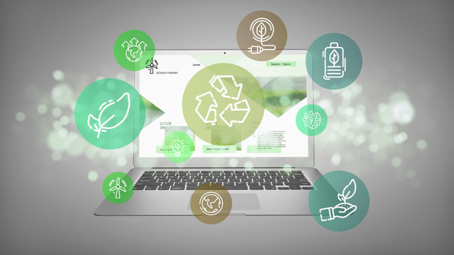 Cloud of green ecology icon bubble with a laptop 3d rendering