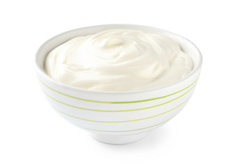 Bowl with tasty yogurt on white background