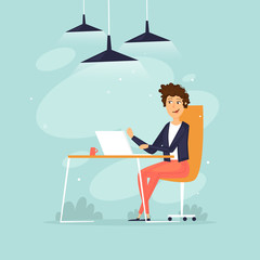 Woman sits working at a computer, office life, business, programmer, data analysis, statistics. Flat design vector illustration.