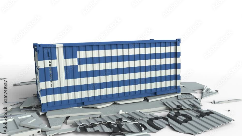 Poster cargo container with flag of greece breaks container with export text. conceptual 3d animation