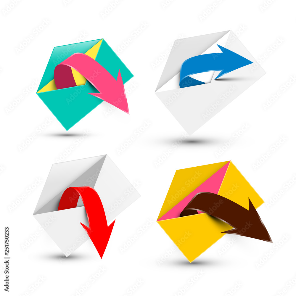 Poster open envelopes with arrows isolated on white background. vector send email symbol.