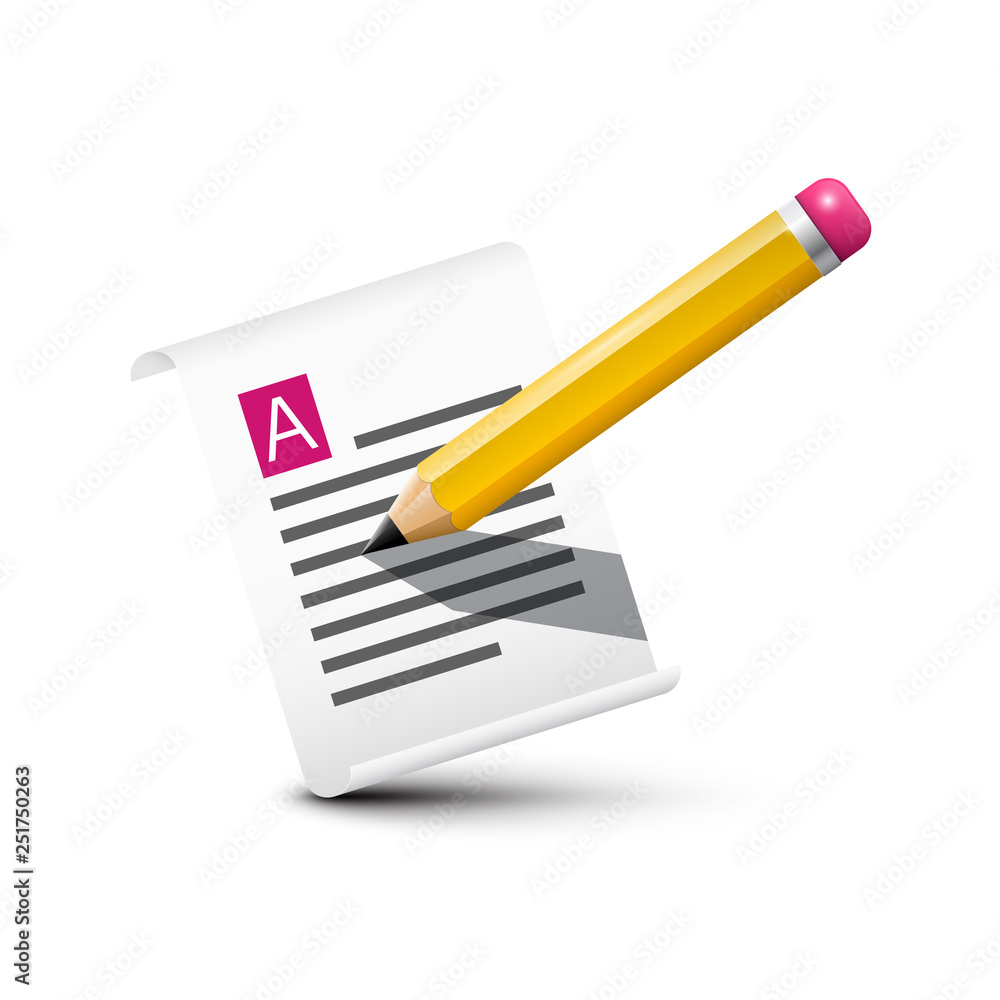 Poster pencil with paper notebook symbol. vector document icon.