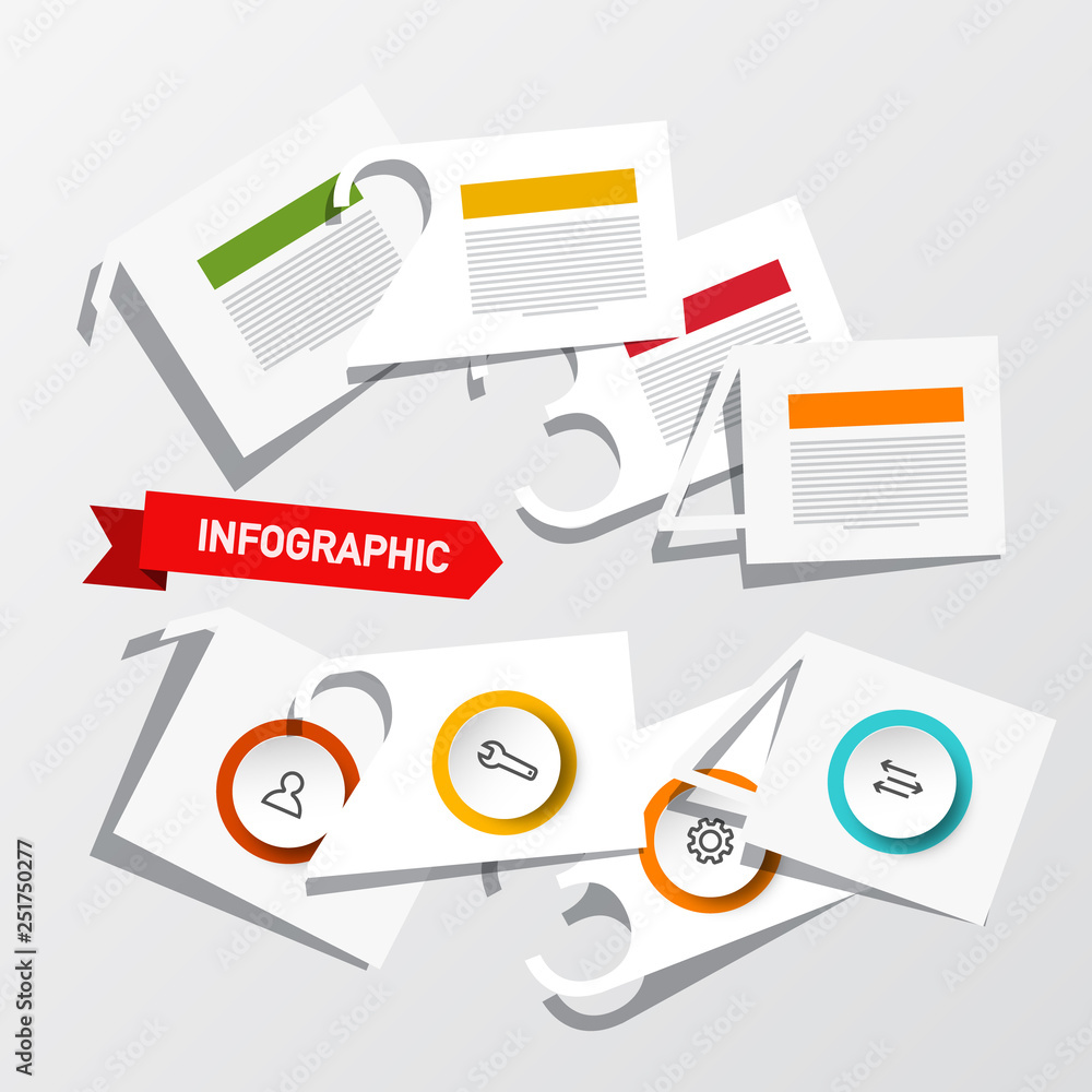 Poster four steps infographic layout with paper cut numbers, icons and sample texts. vector infographics de