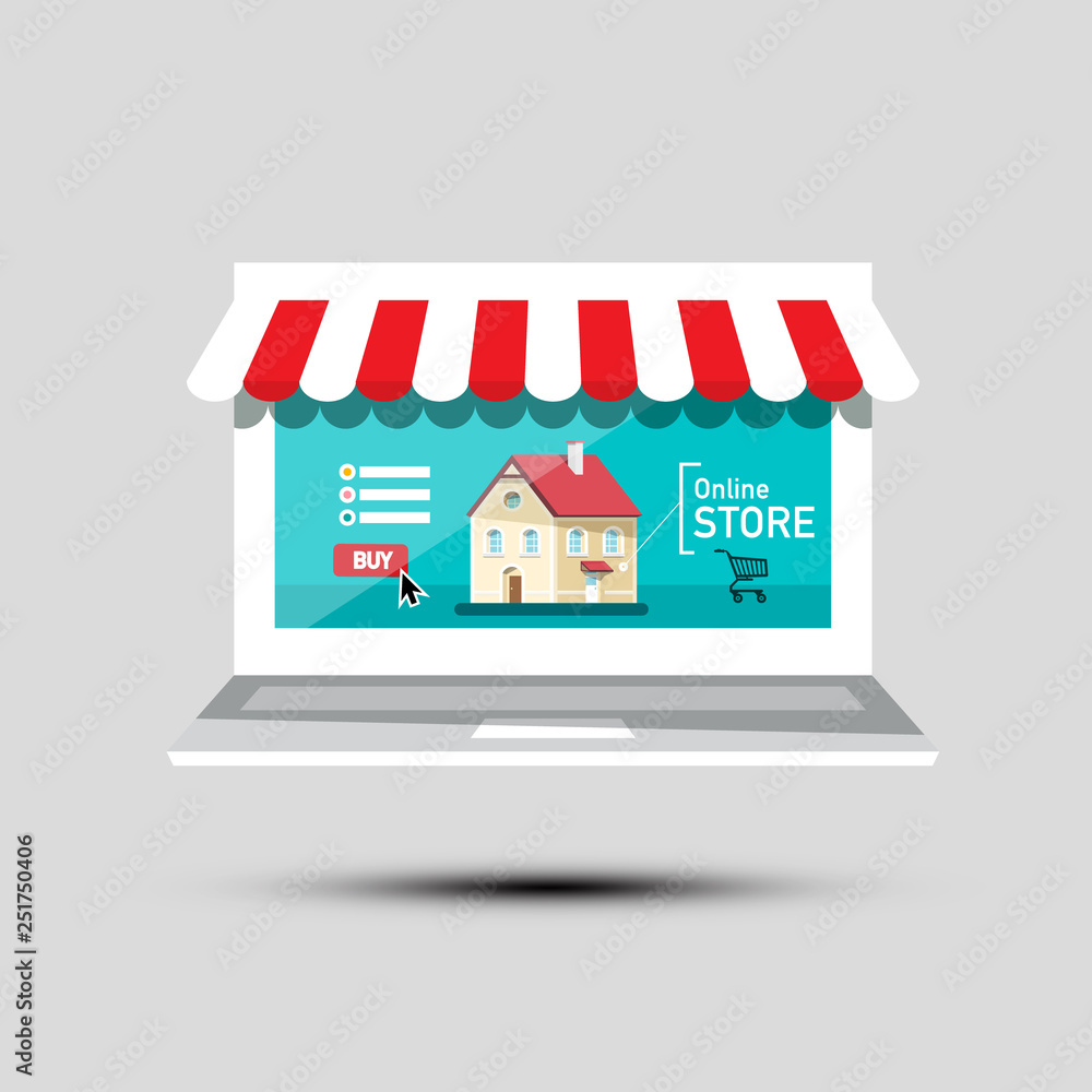 Poster online store symbol. virtual shop vector icon. e-shop concept with building and shopping cart on scr