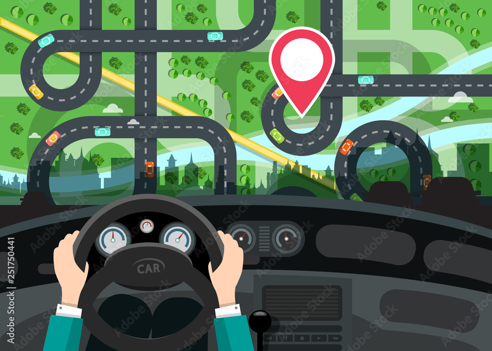 Poster driving car concept with hands on steering wheel and city map with destination red pin behind the wi