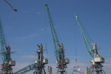 Fototapeta na wymiar Cargo ship-lifting cranes in the harbor, industrial zone