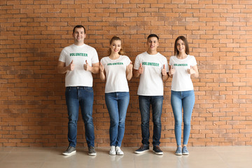 Team of young volunteers showing thumb-up against brick wall