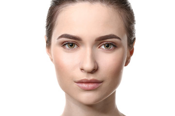Fototapeta premium Young woman with beautiful eyebrows on white background