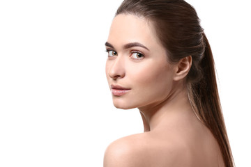 Fototapeta premium Young woman with beautiful eyebrows on white background