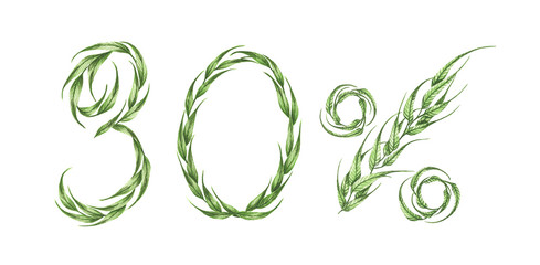 30% text, Thirty percent from green leaves, Green percent, isolated on white background. Watercolor illustration.