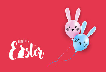 Cute flying bunny balloons on red background, Happy Easter banner, Vector Illustration