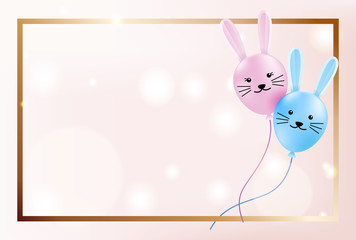 Cute flying bunny balloons on golden soft bokeh lights, Happy Easter banner, Vector Illustration