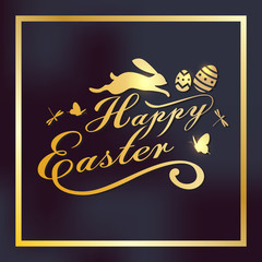 Happy Easter banner with decorated eggs and rabbit. Vector illustration greeting card