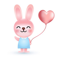 Cute cartoon bunny holding pink balloon, Vector Illustration