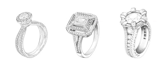 Pencil drawing of rings with precious stones on a white background. Isolated sketch. White background with hand-painted rings with diamonds. Sketch of 3 rings in one drawing. Advertising material