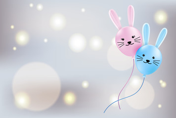 Cute flying bunny balloons on golden soft bokeh lights, Happy Easter banner, Vector Illustration