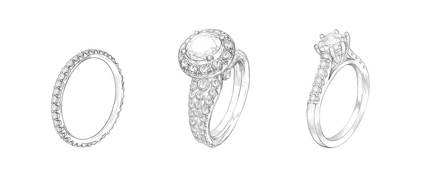 Pencil drawing of rings with precious stones on a white background. Isolated sketch. White background with hand-painted rings with diamonds. Sketch of 3 rings in one drawing. Advertising material