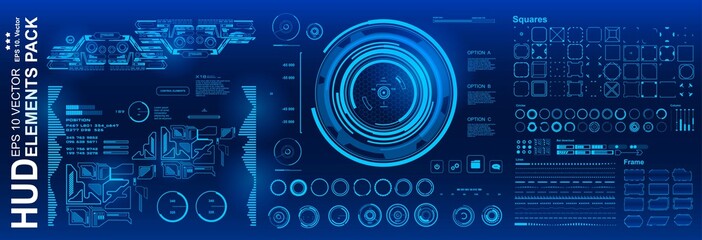 HUD elements mega set pack. Dashboard blue display virtual reality technology screen. Futuristic blue user interface.
