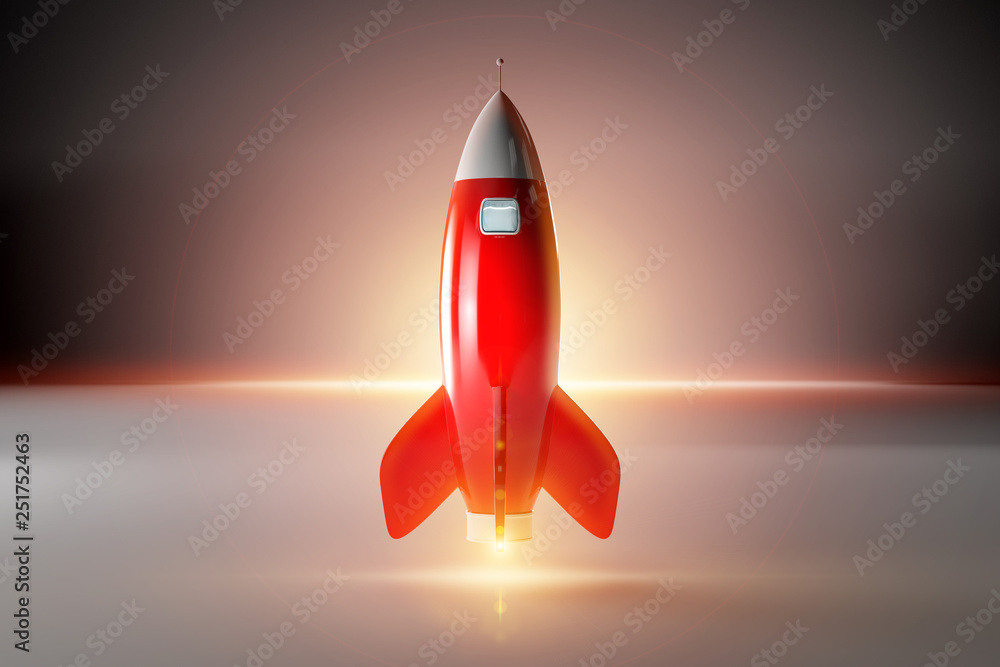 Poster Old school style rocket isolated on dark 3D rendering