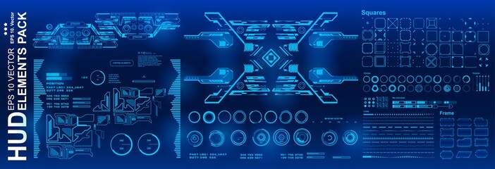 Fototapeta premium HUD elements mega set pack. Dashboard blue display virtual reality technology screen. Futuristic blue user interface.