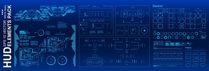 HUD elements mega set pack. Dashboard blue display virtual reality technology screen. Futuristic blue user interface.