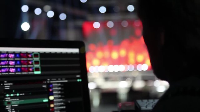 remote recordists closeup. Hand adjusts sound effects. Electric machine on table for working of sound designer or club dj at party in nightclub. Occupation for modern lifestyle, objects for listen at 