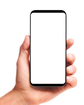 male hand holding bezel-less smartphone with blank screen, isolated on white background . Screen is cut out with path