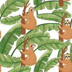 Seamless pattern with cute lazy sloths and exotic palm banana leaf. Vector jungle floral background for textile, postcard, wrapping paper, cover, t-shirt. © CoCoArt_Ua