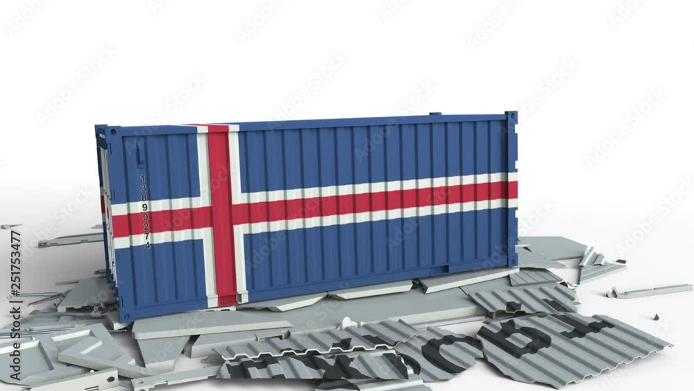 Poster cargo container with flag of iceland breaks container with export text. conceptual 3d animation