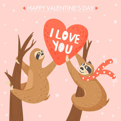 Valentine's day card with sloths in love. Happy couple of animal with valentines. Sloth giving other sloth a big heart. Vector illustration.