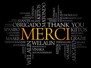 Merci (Thank You in French) word cloud in different languages