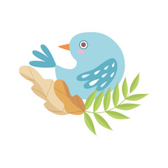 Cute Light Blue Bird Sitting on Branch of Tree, Symbol of Spring Vector Illustration