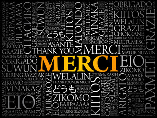 Merci (Thank You in French) word cloud in different languages