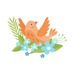 Cute Little Orange Bird Flapping Wings, Symbol of Spring Vector Illustration