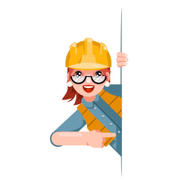 Foreman Woman Worker Professional Builder Engineer Look Out Corner Promotion Pointing Finger Cartoon Female Character Design Vector Illustration