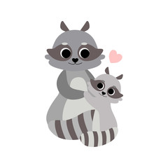 Fototapeta na wymiar Mother and Baby Raccoon, Cute Forest Animal Family Vector Illustration