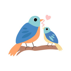 Mother Bird Feeding Her Chick, Cute Forest Birds Family Vector Illustration on White Background. Vector Illustration