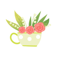 Bouquet of Pink Flowers and Lilies of the Valley in Cup, Hello Spring Floral Design Template Vector Illustration