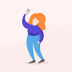 Red Hair Woman Girl Making Selfie Photo on Smartphone. Flat Vector Character Cartoon Happy Trendy Hipster.
