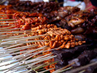 Assorted chicken and pork innards barbecue sold at street food carts