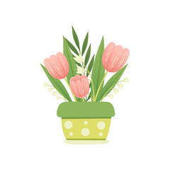 Bouquet of Pink Tulips and Lilies of the Valley in Flower Pot, Hello Spring Floral Design Template Vector Illustration
