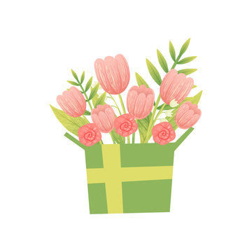 Bouquet of Pink Flowers in Box, Hello Spring Floral Design Template Vector Illustration
