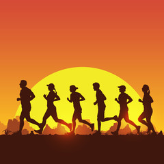 Silhouette of people running marathon at sunrise, Vector