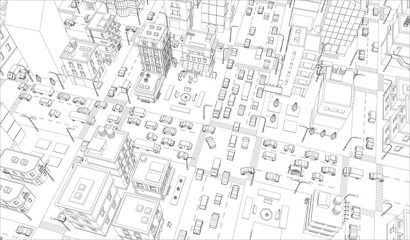 Vector city streets Intersection outline. Buildings and road traffic top view. Gray lines outline contour style background. Town high detailed.