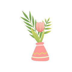 Pink Tulip in Vase, Hello Spring Floral Design Template Vector Illustration